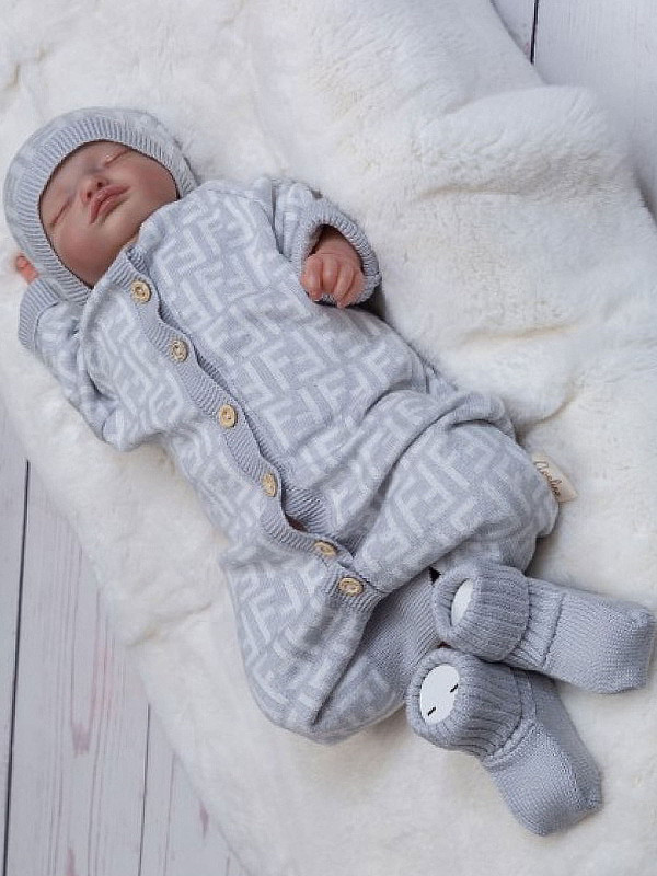 Вязаный комбинезон шапочка пинетки Фиеста серый