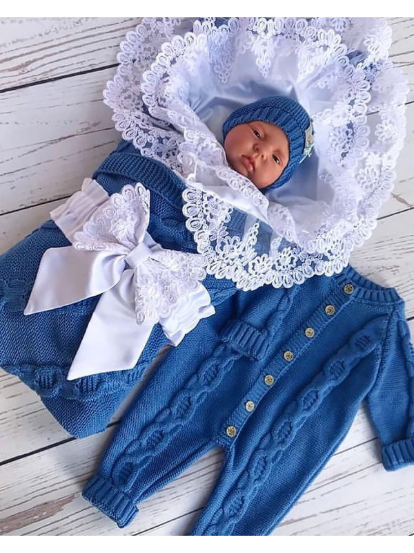 Летний вязаный комплект Хлопковые косы синий