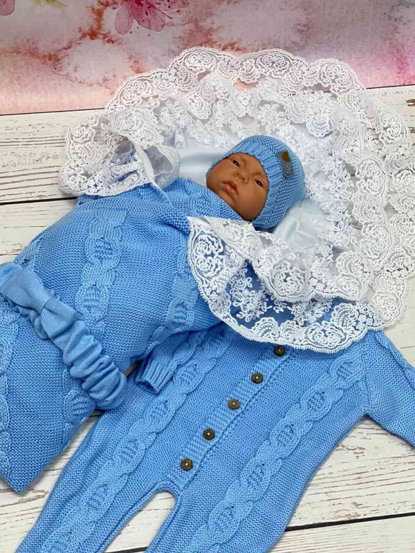 Летний вязаный комплект Хлопковые косы голубой