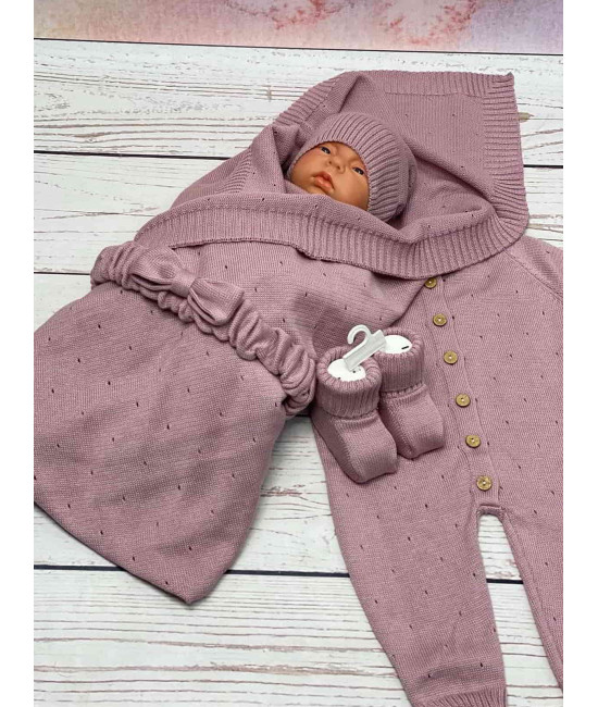 Летний вязаный комплект на выписку Капелька пудра