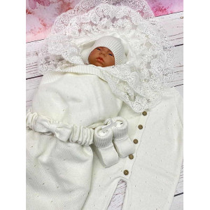 Летний вязаный комплект Капелька-Кружево молочный