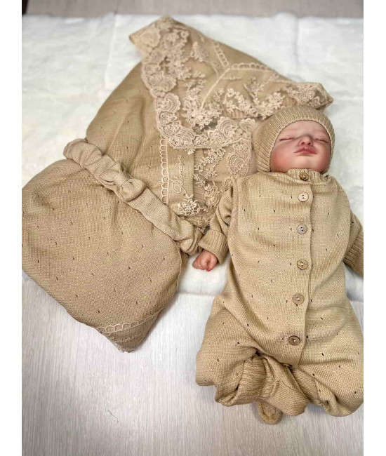 Летний вязаный комплект Капелька-Кружево бежевый