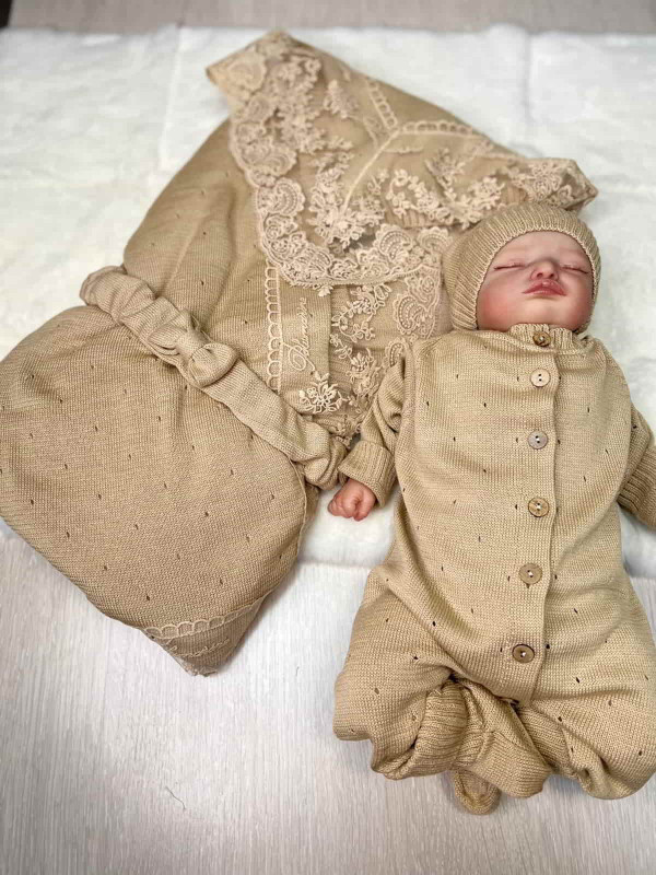 Летний вязаный комплект Капелька-Кружево бежевый