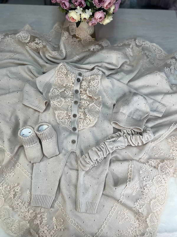 Летний вязаный комплект Капелька-Кружево крем-брюле