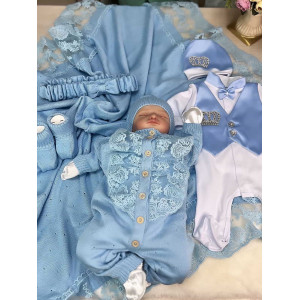 Летний вязаный комплект Капелька-Кружево голубой