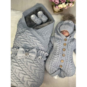 Вязаный комплект на выписку Коса Лайт-Рози серый