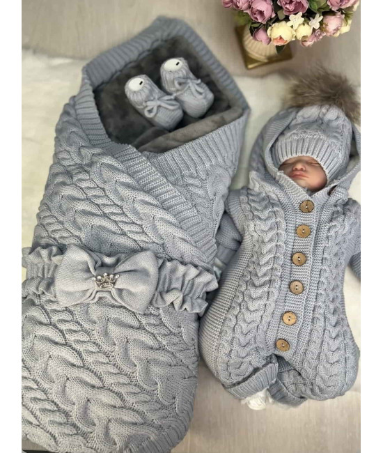 Вязаный комплект на выписку Коса Лайт-Рози серый