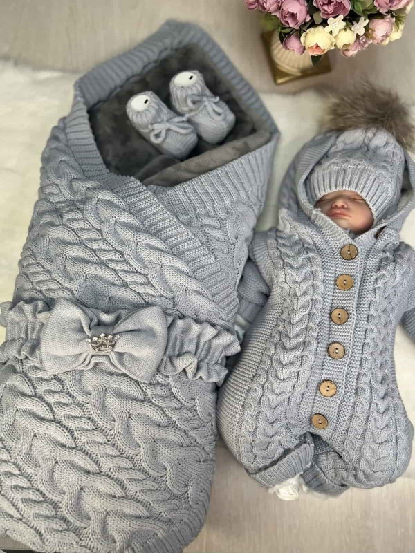 Демисезонный вязаный комплект Коса Лайт-Рози серый