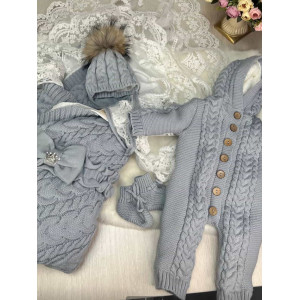 Вязаный комплект на выписку Коса-Рози серый