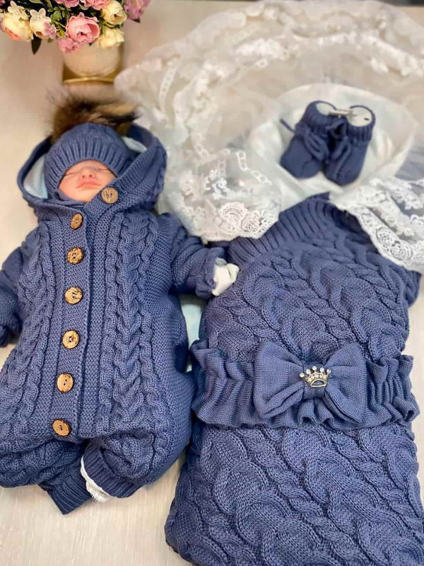 Демисезонный вязаный комплект Коса Лайт Кружево-Рози ежевика