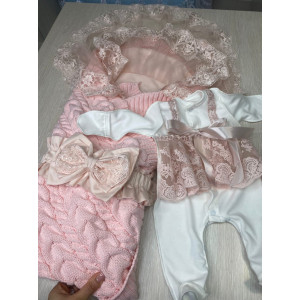 Летний вязаный комплект Коса-Кокетка розовый