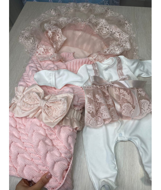 Летний вязаный комплект Коса-Кокетка розовый