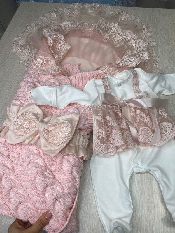 Летний вязаный комплект Коса-Кокетка розовый