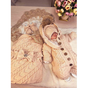 Демисезонный вязаный комплект на выписку Коса Лайт Кружево-Рози крем-брюле