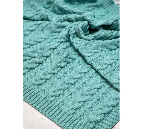 Вязаный плед для новорожденных Коса аквамарин