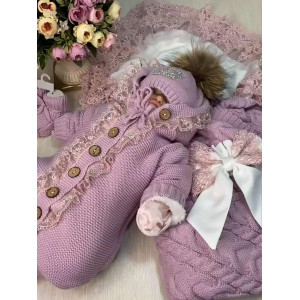 Вязаный комплект на выписку Коса Лайт Кружево-Мишка пудра