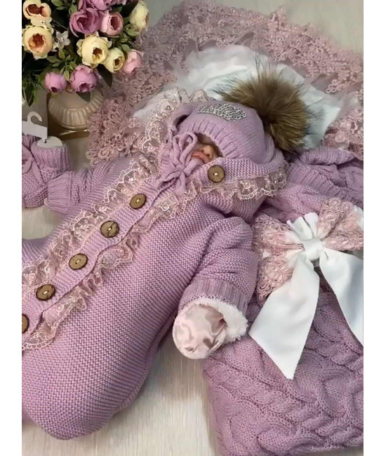 Вязаный комплект на выписку Коса Лайт Кружево-Мишка пудра