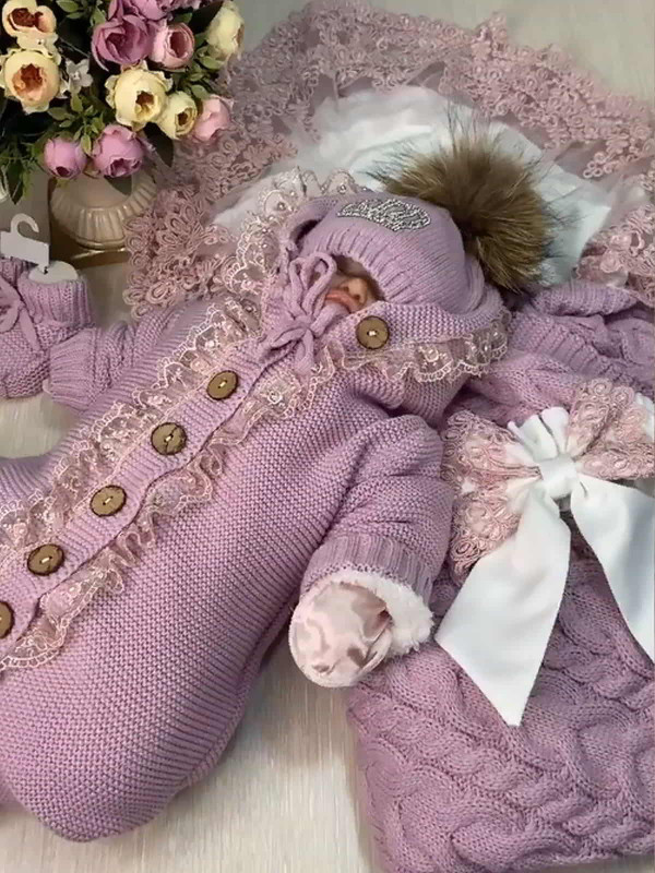 Демисезонный вязаный комплект Коса Лайт Кружево-Мишка пудра