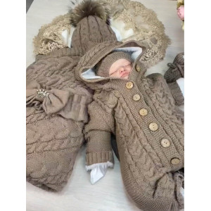 Демисезонный вязаный комплект на выписку Коса Лайт Кружево-Рози какао