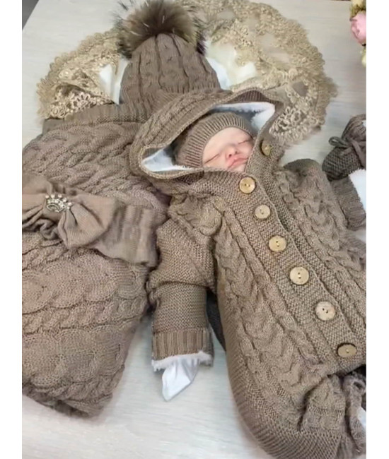 Демисезонный вязаный комплект на выписку Коса Лайт Кружево-Рози какао