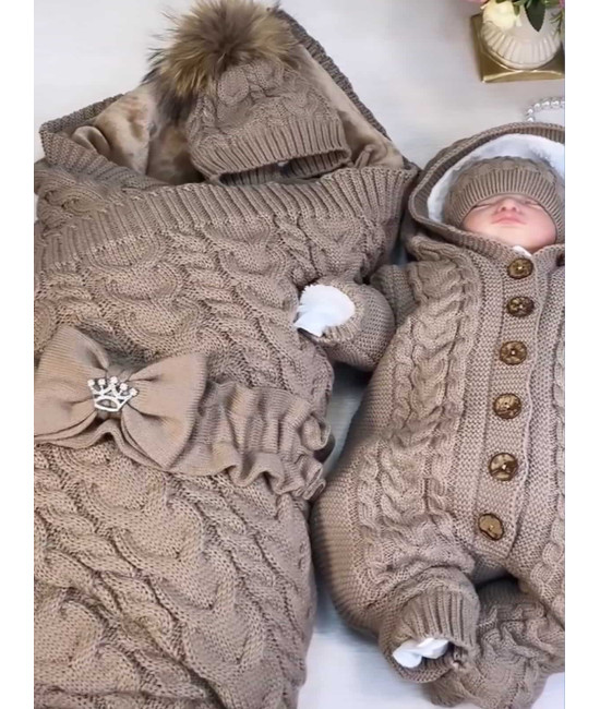 Вязаный комплект на выписку Коса Лайт-Рози какао