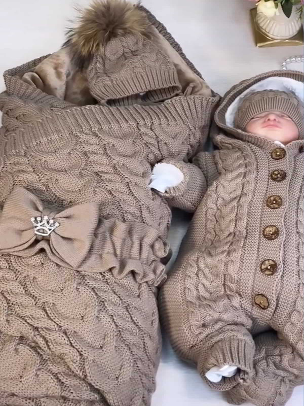 Демисезонный вязаный комплект Коса Лайт-Рози какао