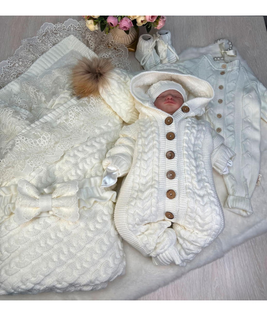 Демисезонный комплект на выписку Коса Лайт Кружево-Рози молочный