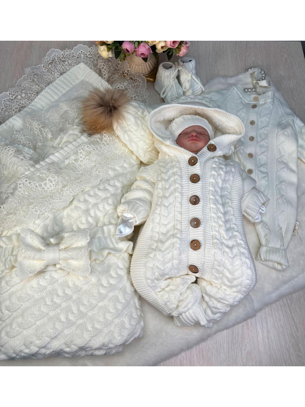 Демисезонный вязаный комплект Коса Лайт Кружево-Рози молочный