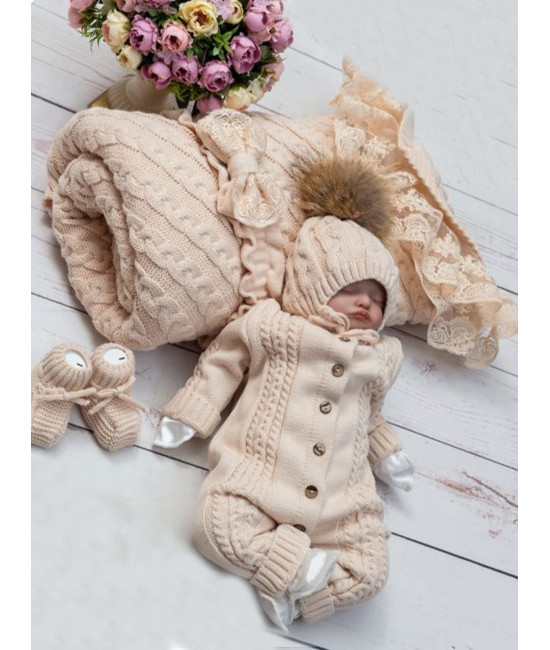Демисезонный вязаный комплект на выписку Косы Кружево-Косички крем-брюле