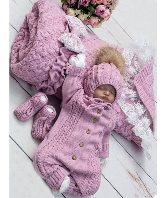 Демисезонный вязаный комплект на выписку Косы Кружево-Косички пудра