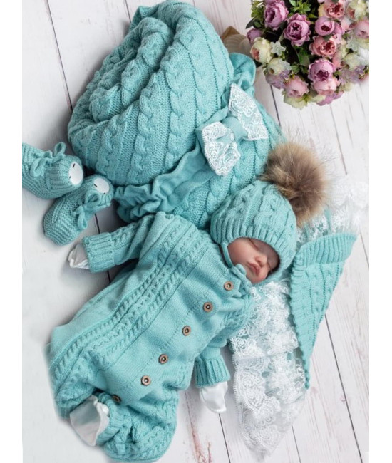 Демисезонный вязаный комплект на выписку Косы Кружево-Косички тиффани