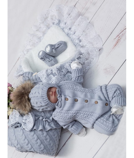 Демисезонный вязаный комплект на выписку Косы Кружево-Косички серый