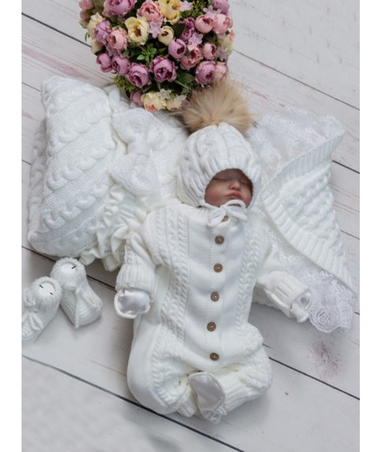 Демисезонный вязаный комплект на выписку Косы Кружево-Косички белый