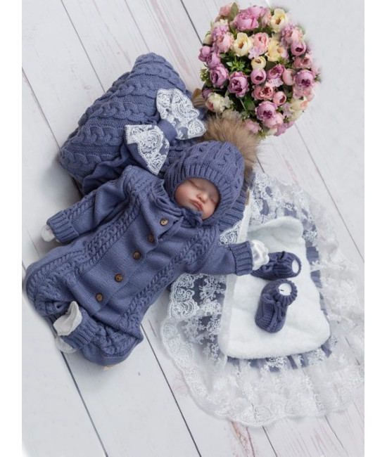 Демисезонный вязаный комплект на выписку Косы Кружево-Косички ежевика