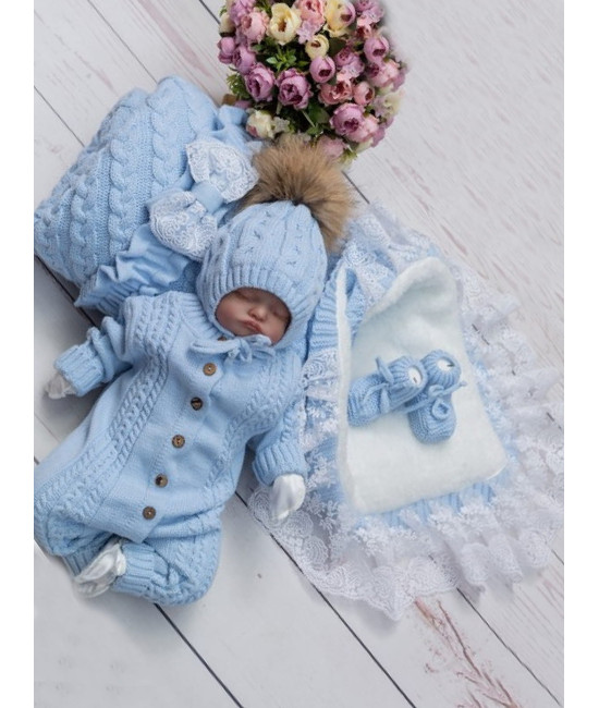 Демисезонный вязаный комплект на выписку Косы Кружево-Косички голубой