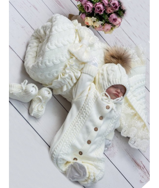 Демисезонный вязаный комплект на выписку Косы Кружево-Косички молочный