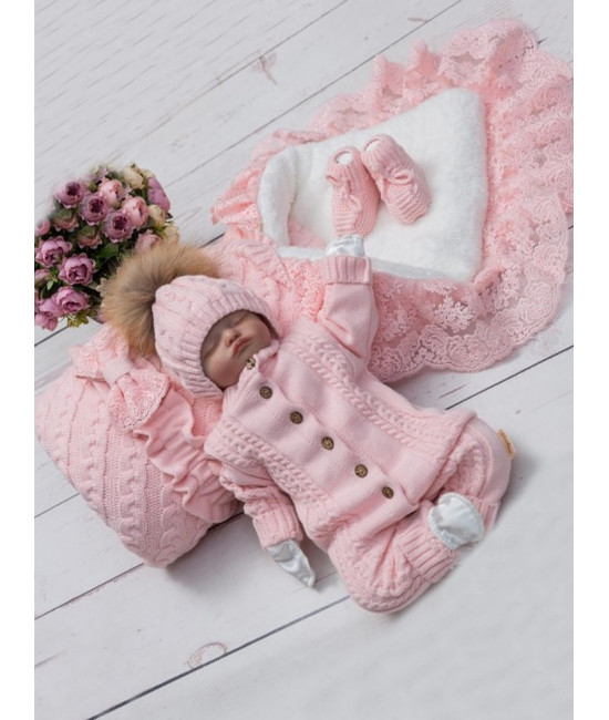 Демисезонный вязаный комплект на выписку Косы Кружево-Косички розовый