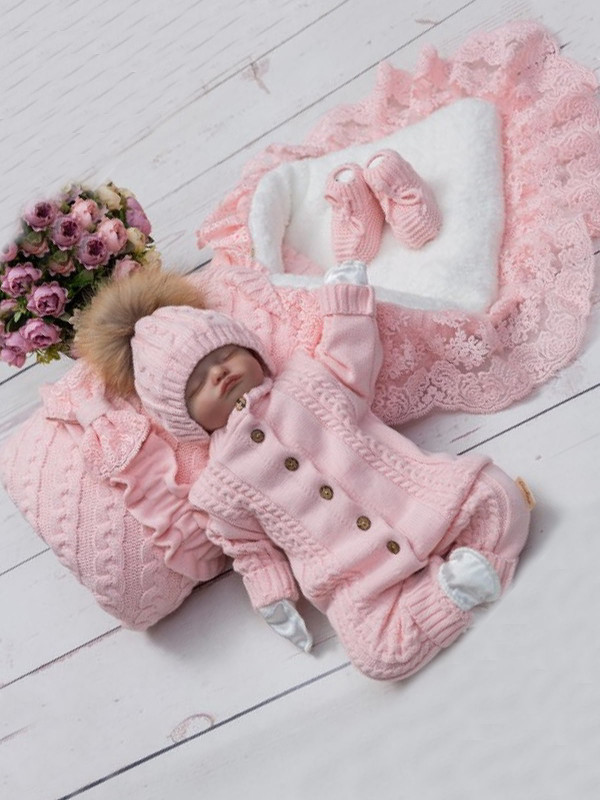 Демисезонный вязаный комплект Косы Кружево-Косички розовый