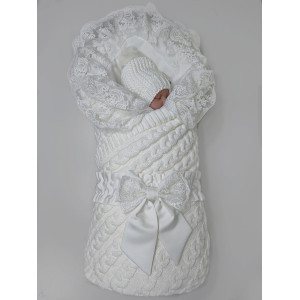 Вязаный комплект на выписку Коса Кружево-Марфин белый