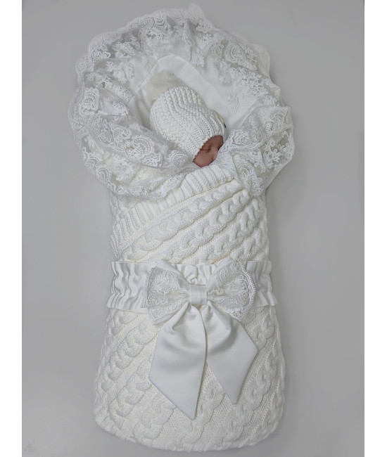 Вязаный комплект на выписку Коса Кружево-Марфин белый