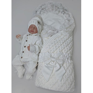 Вязаный комплект на выписку Коса Кружево-Марфин белый