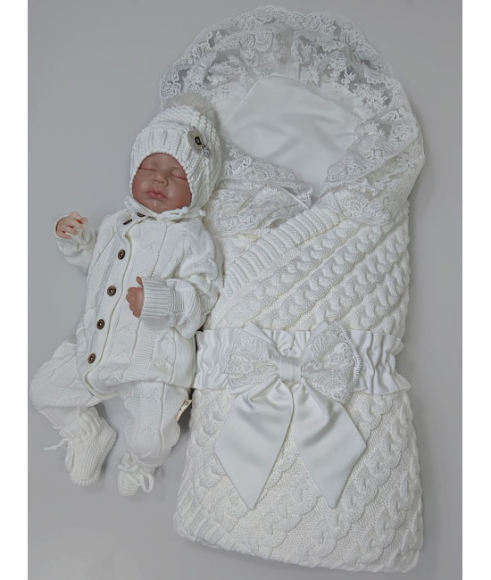 Вязаный комплект на выписку Коса Кружево-Марфин белый