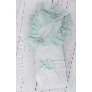 Вязаный конверт на выписку Коса Лайт молочный-тиффани