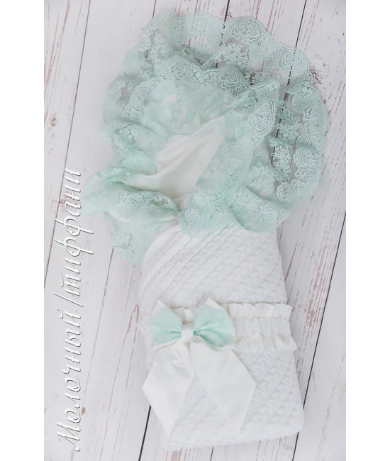 Вязаный конверт на выписку Коса Лайт молочный-тиффани