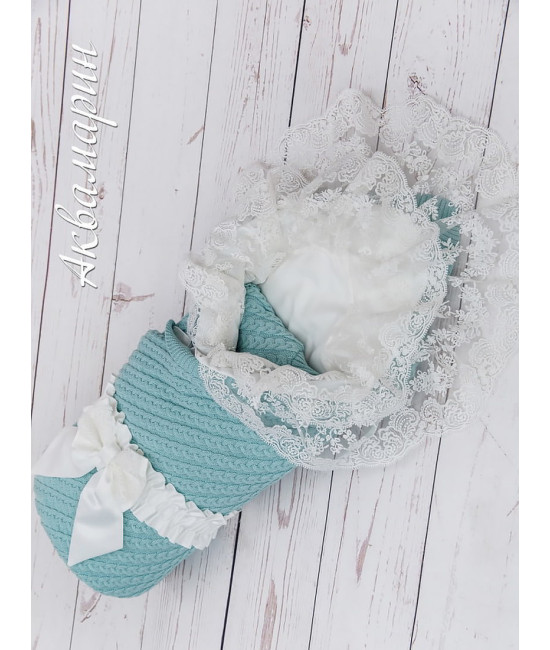 Вязаный конверт  на выписку Коса Лайт аквамарин