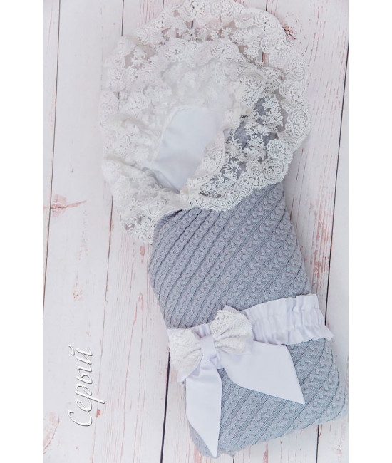 Вязаный конверт на выписку Коса Лайт серый-белый