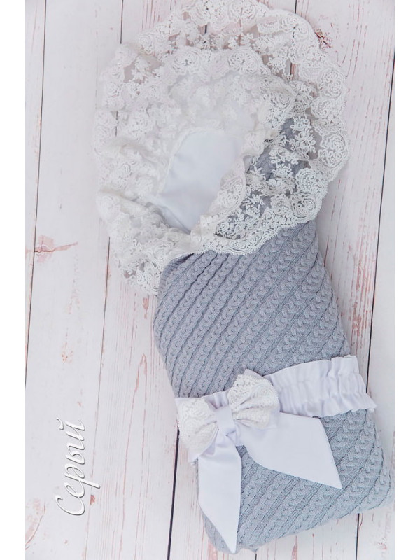 Вязаный конверт Коса Лайт серый-белый