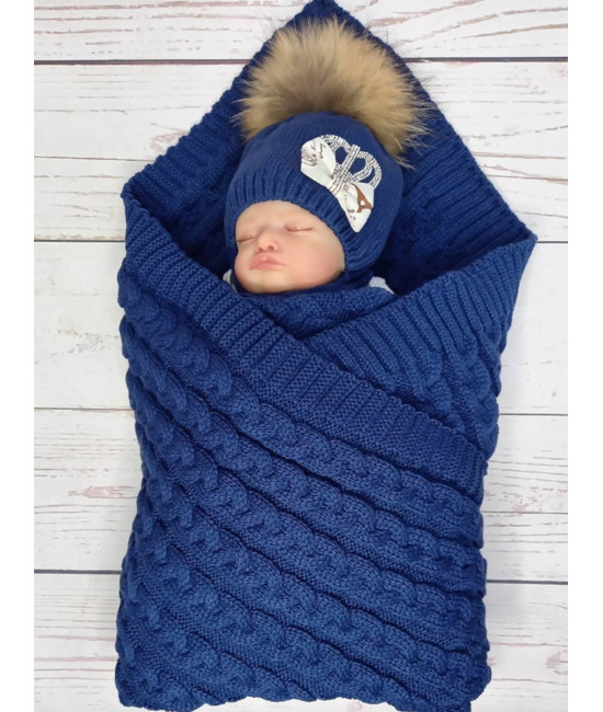 Вязаный плед для новорожденных Косички синий