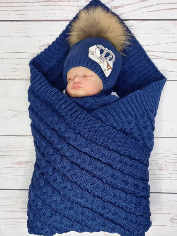 Вязаный плед Косички синий