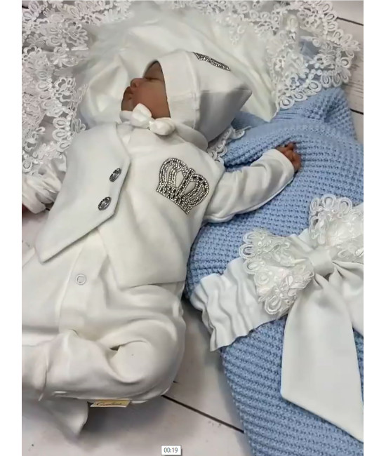 Демисезонный вязаный комплект Кукуруза-Джентльмен голубой-молочный